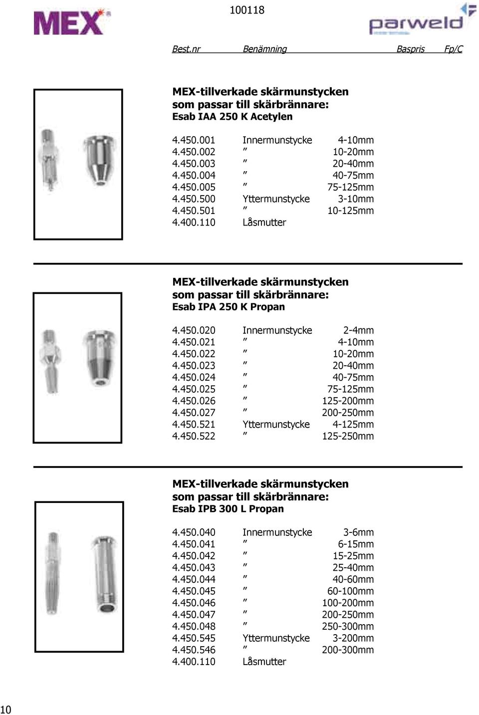 450.024 40-75mm 4.450.025 75-125mm 4.450.026 125-200mm 4.450.027 200-250mm 4.450.521 Yttermunstycke 4-125mm 4.450.522 125-250mm MEX-tillverkade skärmunstycken som passar till skärbrännare: Esab IPB 300 L Propan 4.