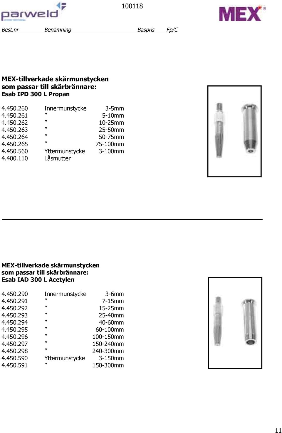 110 Låsmutter MEX-tillverkade skärmunstycken som passar till skärbrännare: Esab IAD 300 L Acetylen 4.450.290 Innermunstycke 3-6mm 4.450.291 7-15mm 4.