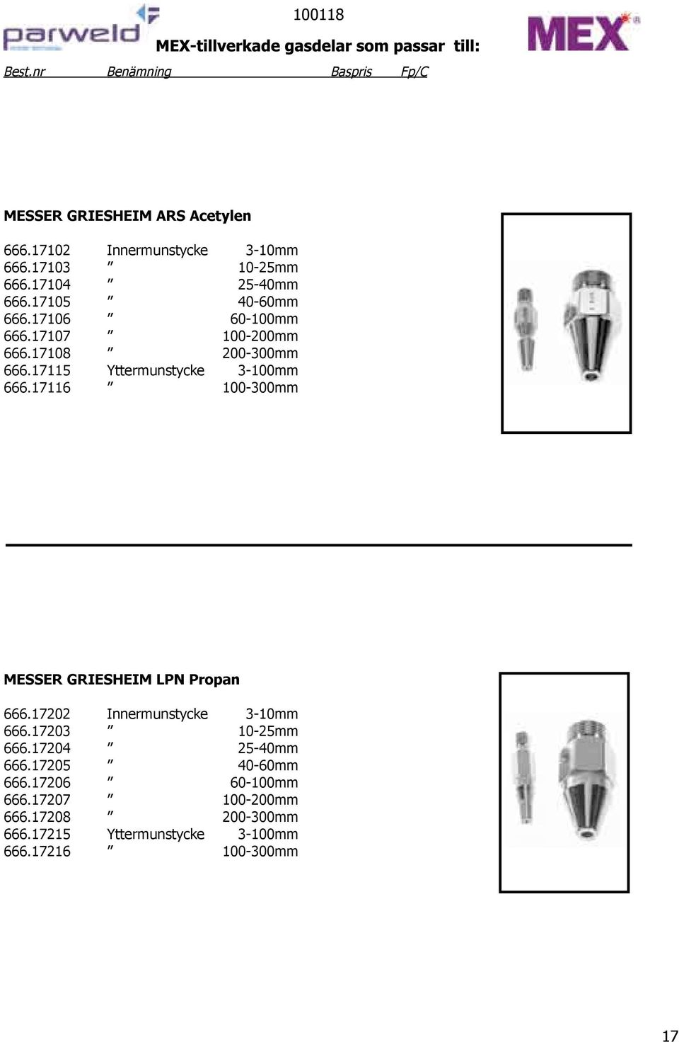 17116 100-300mm MESSER GRIESHEIM LPN Propan 666.17202 Innermunstycke 3-10mm 666.17203 10-25mm 666.