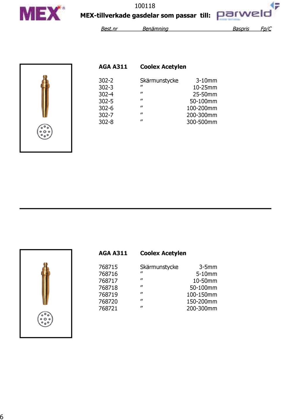 AGA A311 Coolex Acetylen 768715 Skärmunstycke 3-5mm 768716 5-10mm 768717