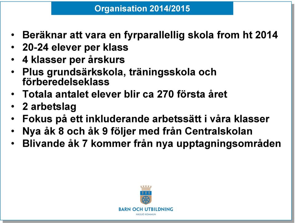 antalet elever blir ca 270 första året 2 arbetslag Fokus på ett inkluderande arbetssätt i våra