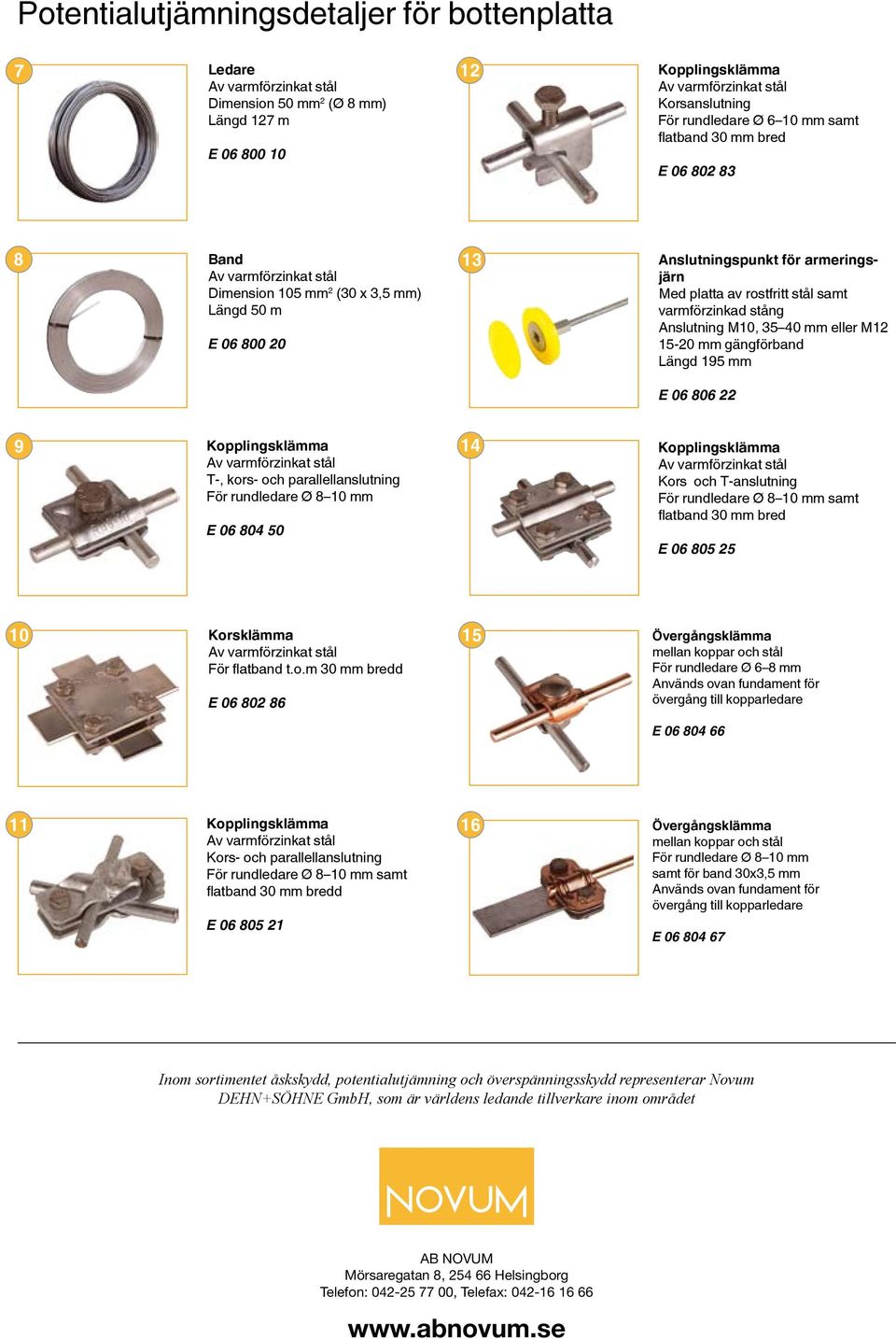 kors- och parallellanslutning ör rundledare Ø 0 mm E 0 04 50 4 Kors och T-anslutning ör rundledare Ø 0 mm samt flatband 30 mm bred E 0 05 25 0 Korsklämma ör flatband t.o.m 30 mm bredd E 0 02 5