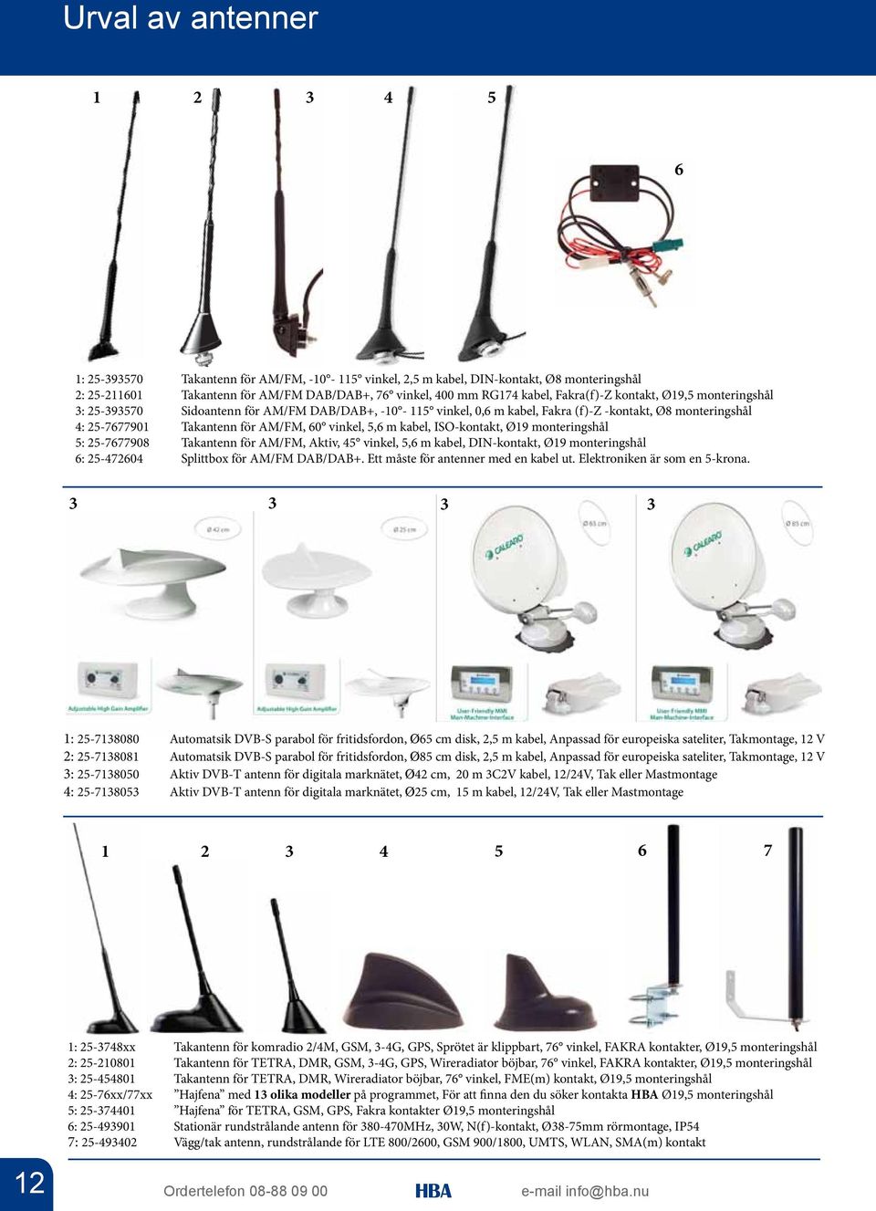 5,6 m kabel, ISO-kontakt, Ø19 monteringshål 5: 25-7677908 Takantenn för AM/FM, Aktiv, 45 vinkel, 5,6 m kabel, DIN-kontakt, Ø19 monteringshål 6: 25-472604 Splittbox för AM/FM DAB/DAB+.