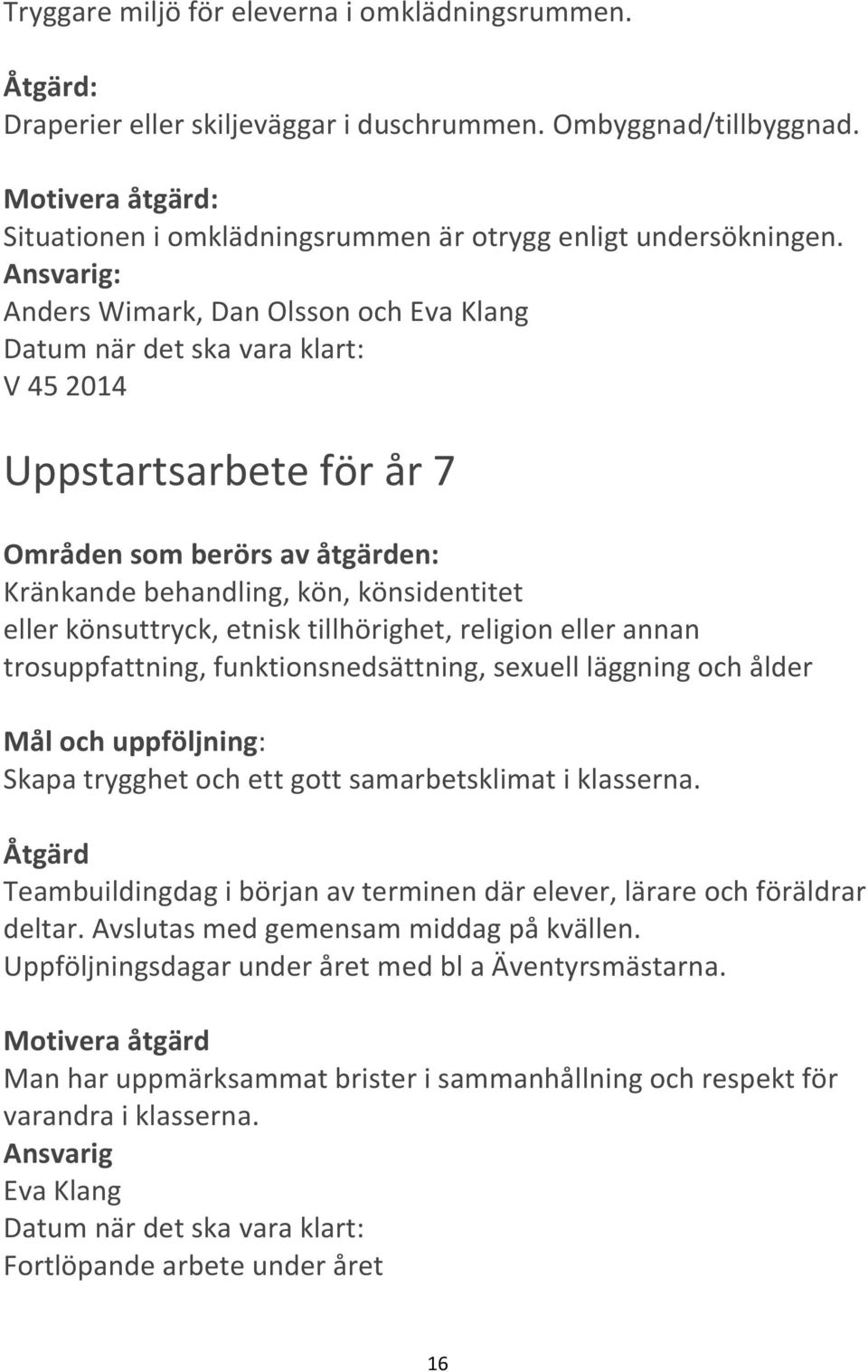 Anders Wimark, Dan Olsson och Eva Klang Datum när det ska vara klart: V 45 2014 Uppstartsarbete för år 7 Områden som berörs av åtgärden: Kränkande behandling, kön, könsidentitet eller könsuttryck,