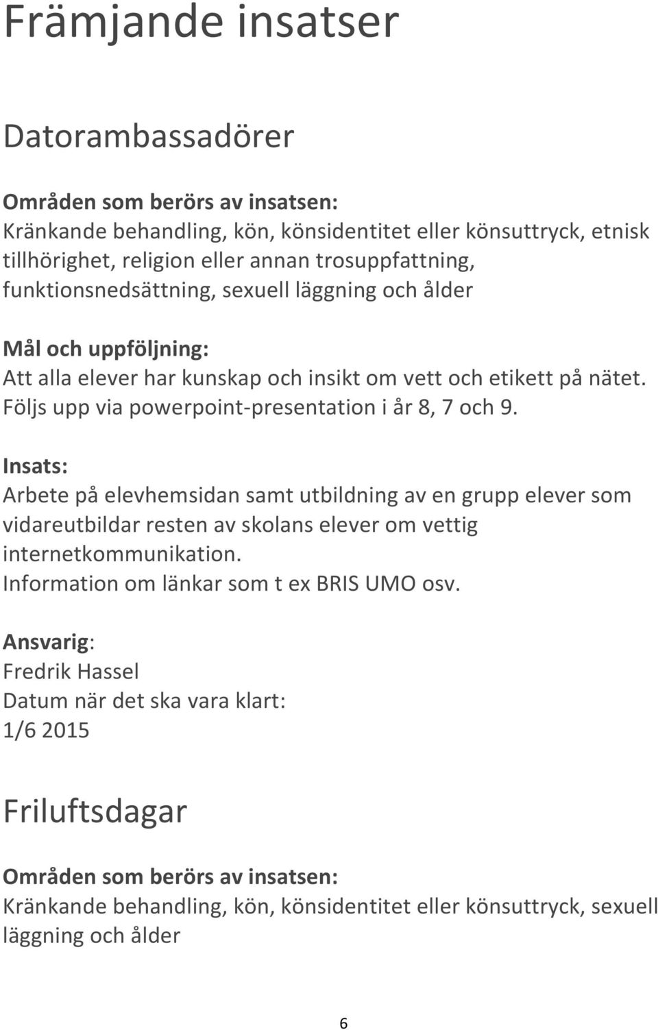 Följs upp via powerpoint-presentation i år 8, 7 och 9.