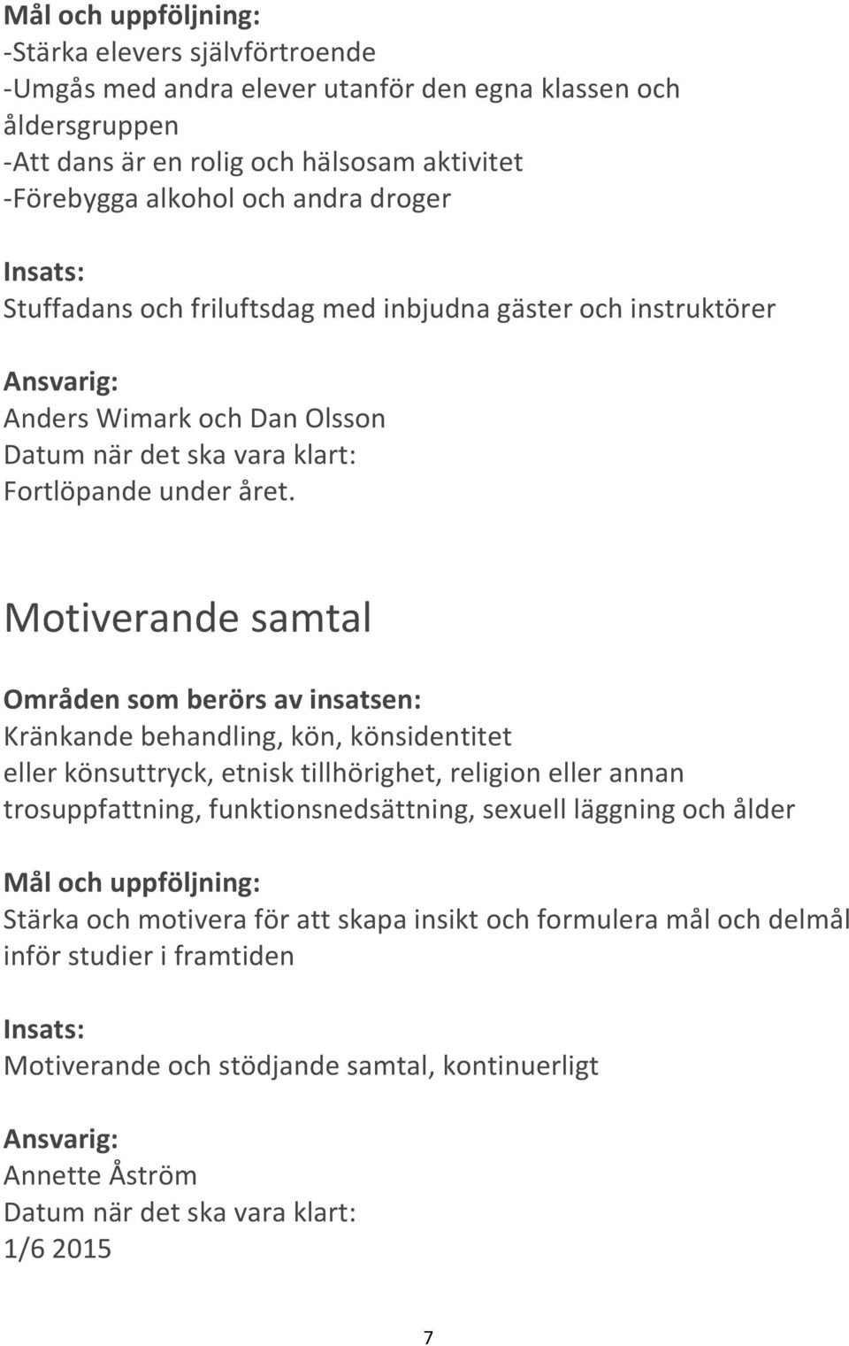 Motiverande samtal Områden som berörs av insatsen: Kränkande behandling, kön, könsidentitet eller könsuttryck, etnisk tillhörighet, religion eller annan trosuppfattning,
