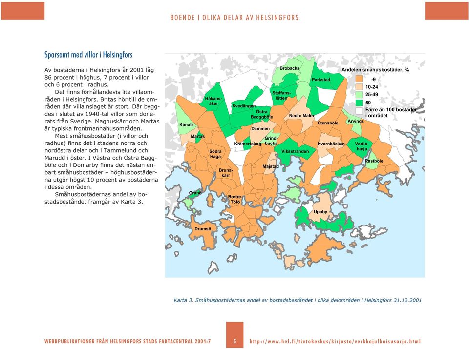 Mest småhusbostäder (i villor och radhus) finns det i stadens norra och nordöstra delar och i Tammelund och Marudd i öster.