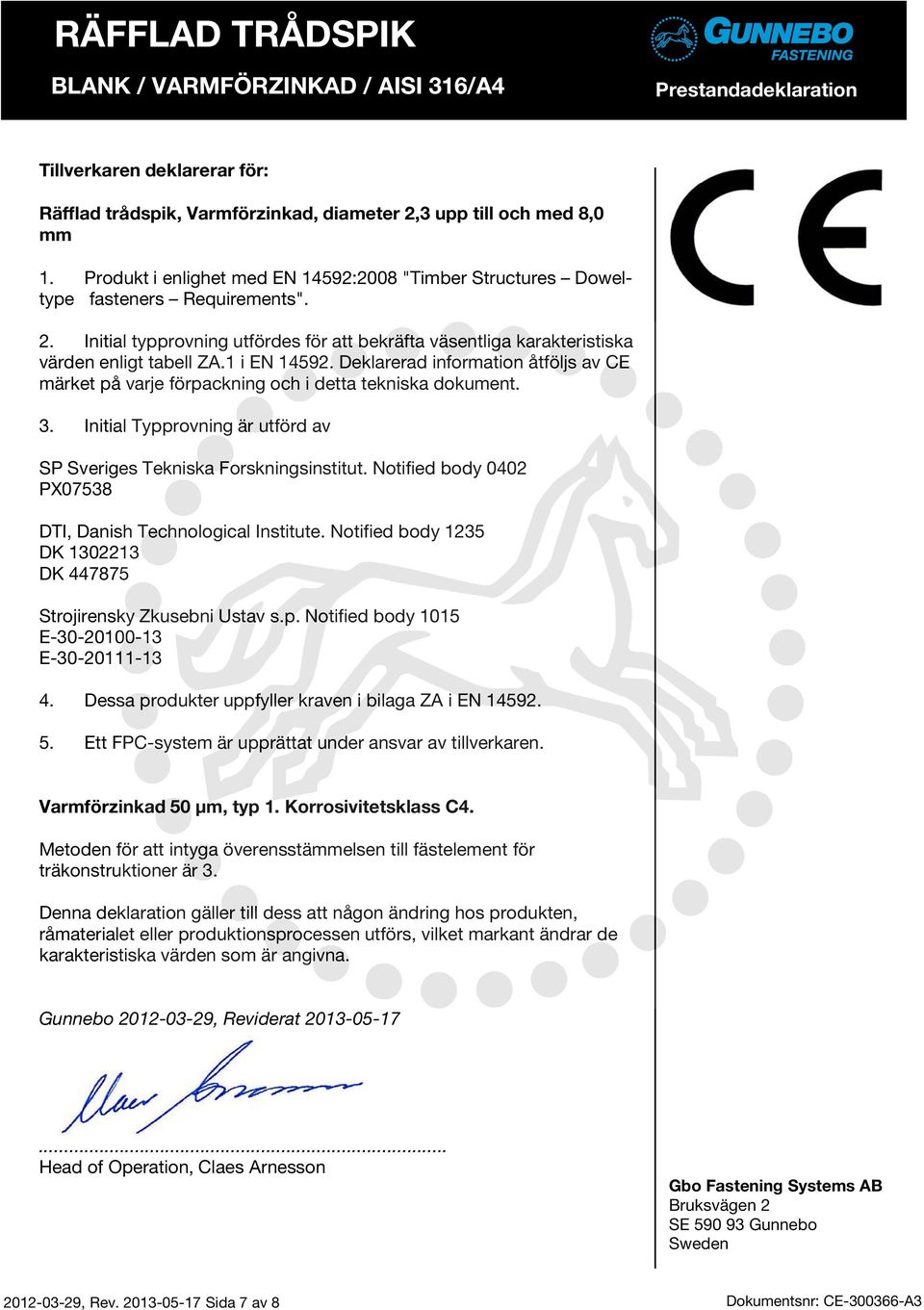 Notified body 0402 PX07538 DTI, Danish Technological Institute. Notified body 1235 DK 1302213 DK 447875 Strojirensky Zkusebni Ustav s.p. Notified body 1015 E-30-20100-13 E-30-20111-13 4.