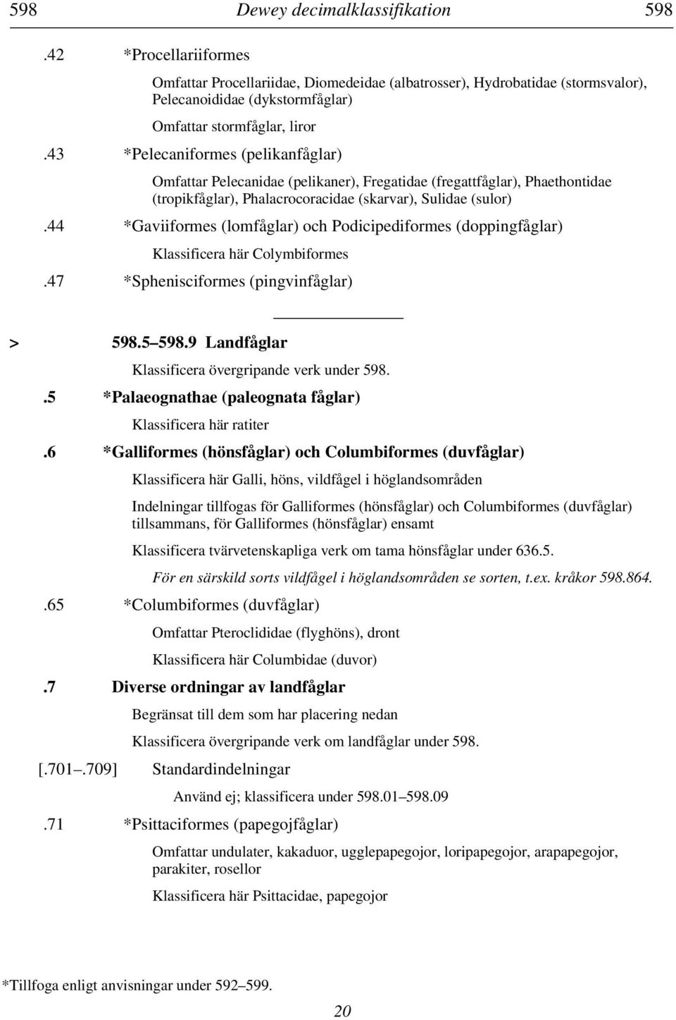 44 *Gaviiformes (lomfåglar) och Podicipediformes (doppingfåglar) Klassificera här Colymbiformes.47 *Sphenisciformes (pingvinfåglar) > 598.5 598.9 Landfåglar Klassificera övergripande verk under 598.
