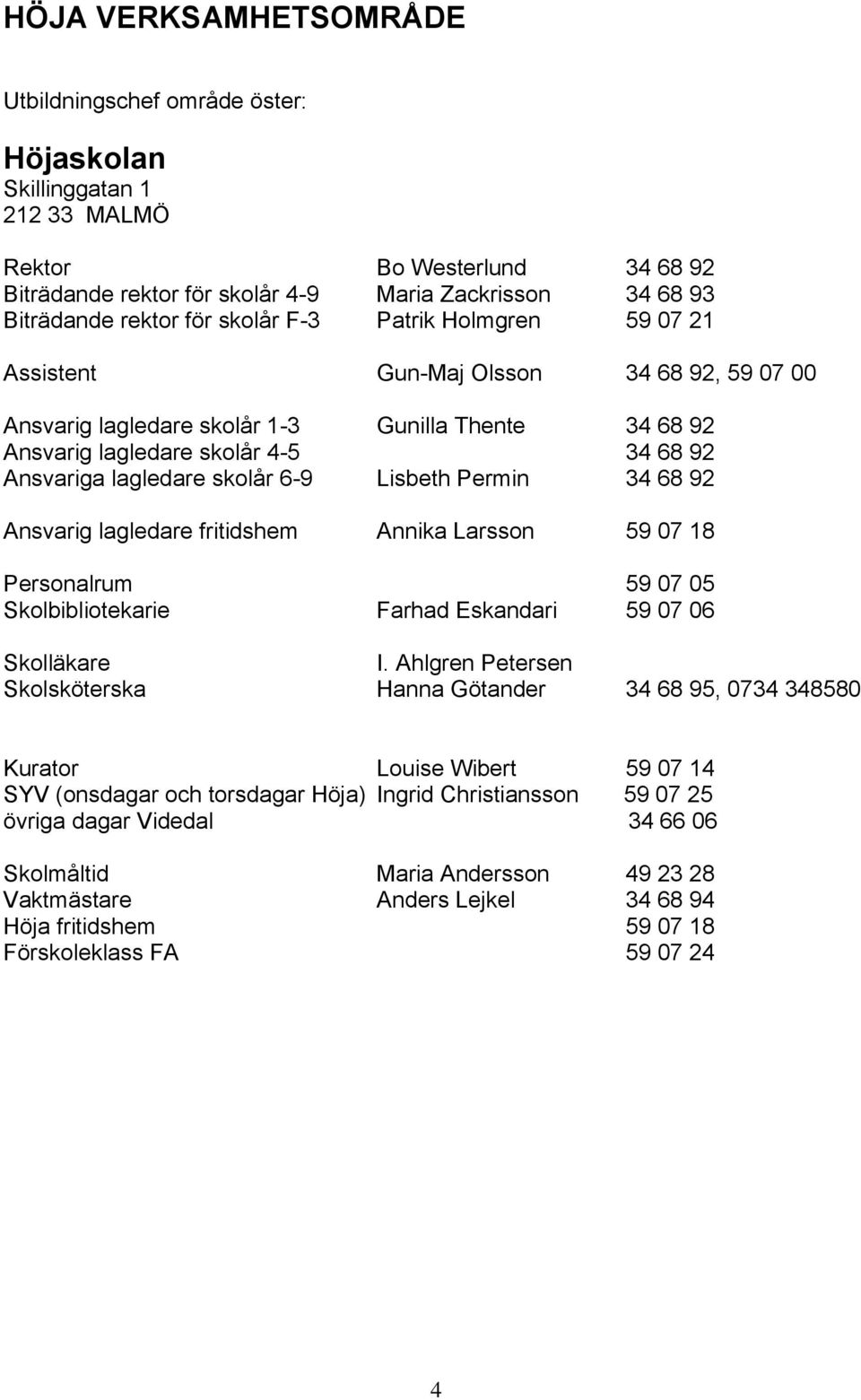 skolår 6-9 Lisbeth Permin 34 68 92 Ansvarig lagledare fritidshem Annika Larsson 59 07 18 Personalrum 59 07 05 Skolbibliotekarie Farhad Eskandari 59 07 06 Skolläkare I.