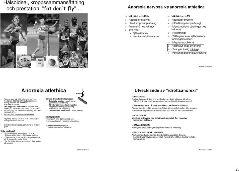 (Mag-tarmproblem) Restriktivt intag av energi (Tvångsmässig träning) (Försenad pubertetsutveckling) Anorexia atlethica Utvecklande av idrottsanorexi Namnet kom på 1990-talet, men är ingen medicinsk