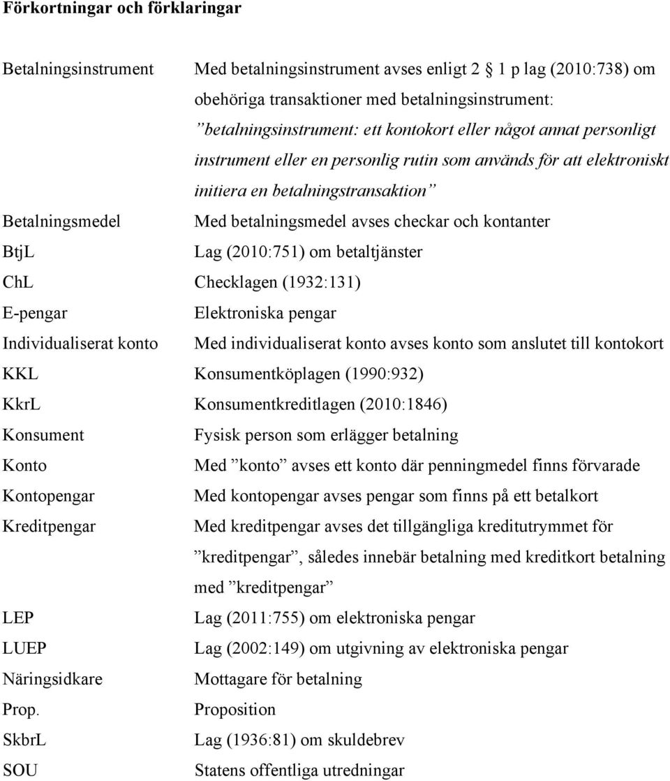 BtjL Lag (2010:751) om betaltjänster ChL Checklagen (1932:131) E-pengar Elektroniska pengar Individualiserat konto Med individualiserat konto avses konto som anslutet till kontokort KKL