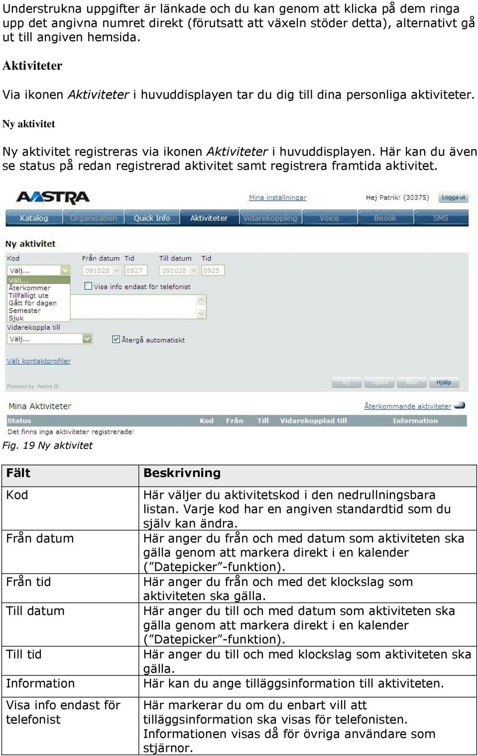 Här kan du även se status på redan registrerad aktivitet samt registrera framtida aktivitet. Fig.