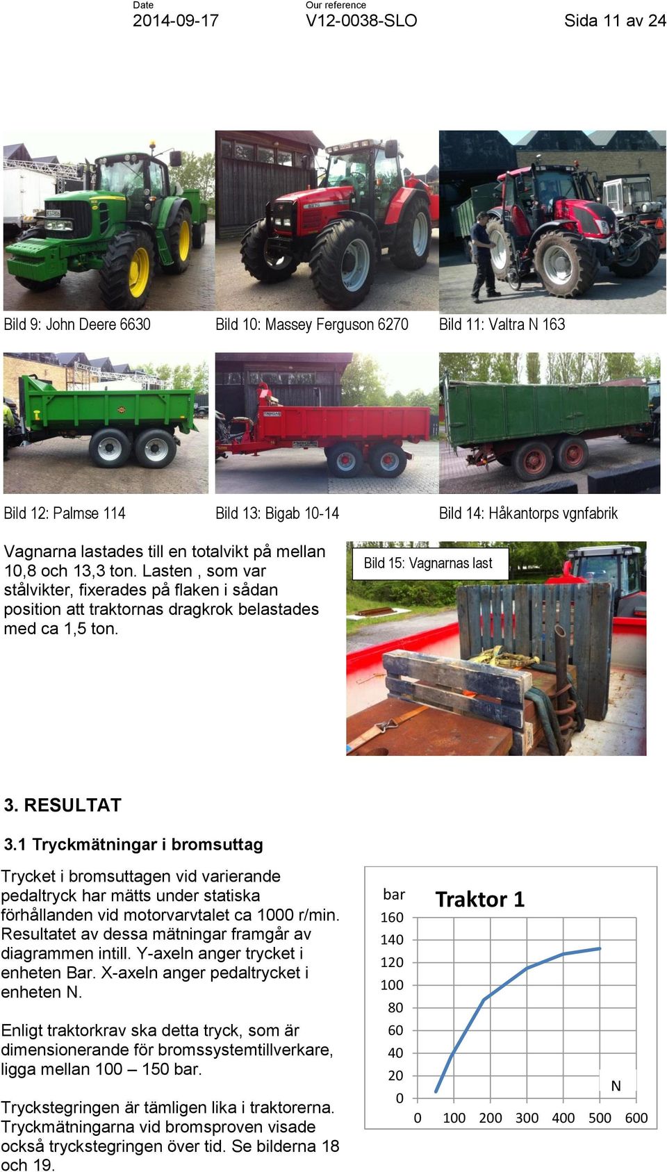 RESULTAT 3.1 Tryckmätningar i bromsuttag Trycket i bromsuttagen vid varierande pedaltryck har mätts under statiska förhållanden vid motorvarvtalet ca 1000 r/min.