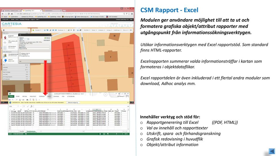 Excelrapporten summerar valda informationsträffar i kartan som formateras i objektdataflikar.