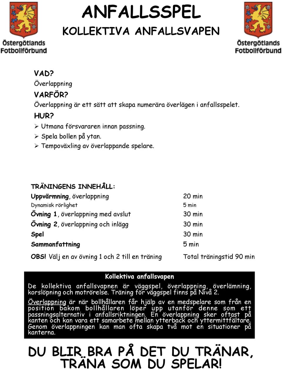 TRÄNINGENS INNEHÅLL: Uppvärmning, överlappning 20 min Dynamisk rörlighet 5 min Övning 1, överlappning med avslut Övning 2, överlappning och inlägg Spel Sammanfattning 5 min OBS!