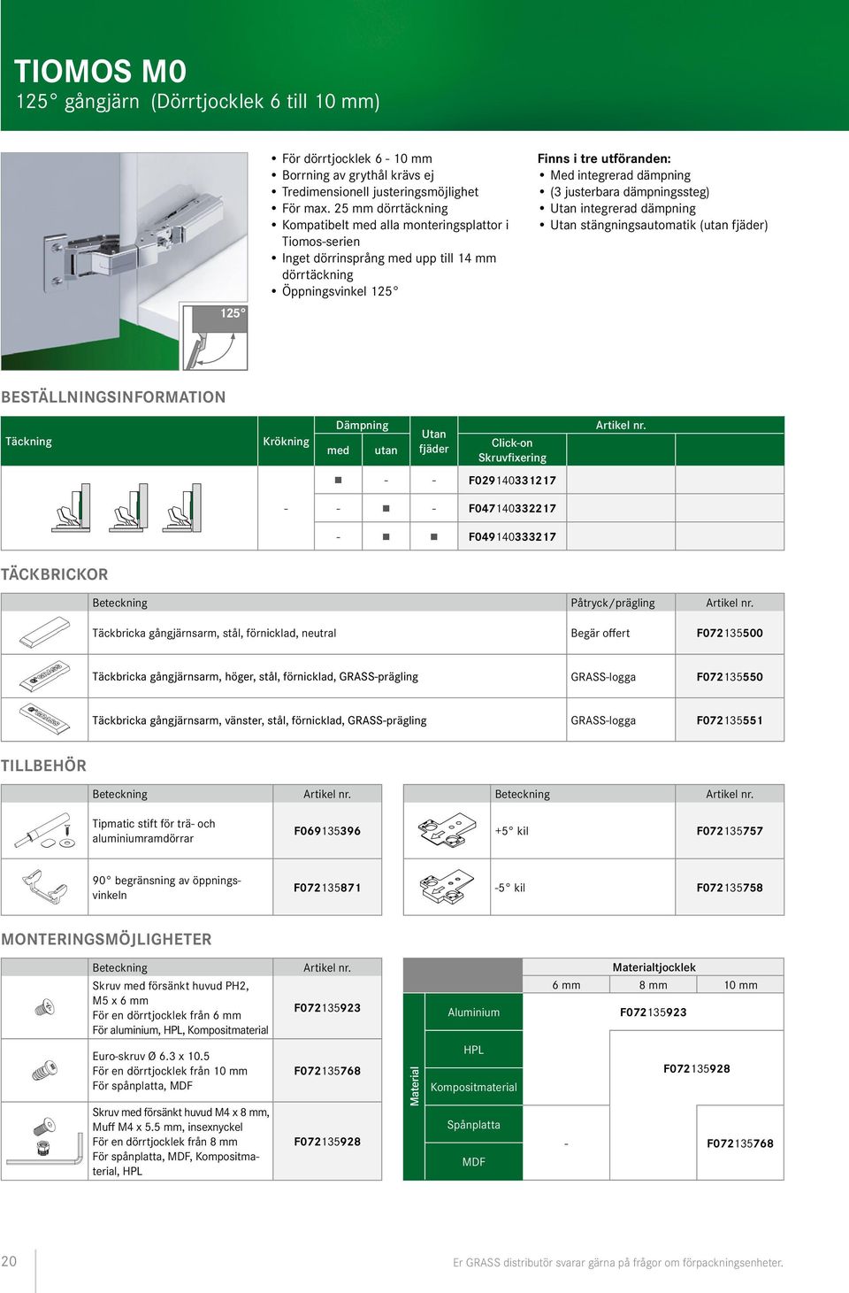 justerbara dämpningssteg) Utan integrerad dämpning Utan stängningsautomatik (utan fjäder) BESTÄLLNINGSINORMTION Täckning Krökning Dämpning med utan Utan fjäder Click-on Skruvfixering rtikel nr.