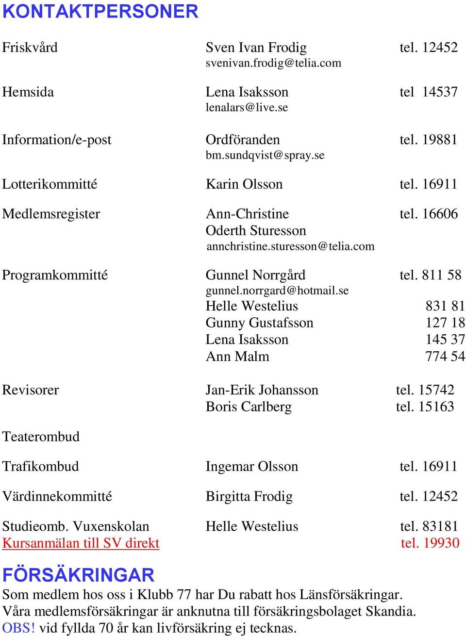 se Helle Westelius 831 81 Gunny Gustafsson 127 18 Lena Isaksson 145 37 Ann Malm 774 54 Revisorer Jan-Erik Johansson tel. 15742 Boris Carlberg tel. 15163 Teaterombud Trafikombud Ingemar Olsson tel.