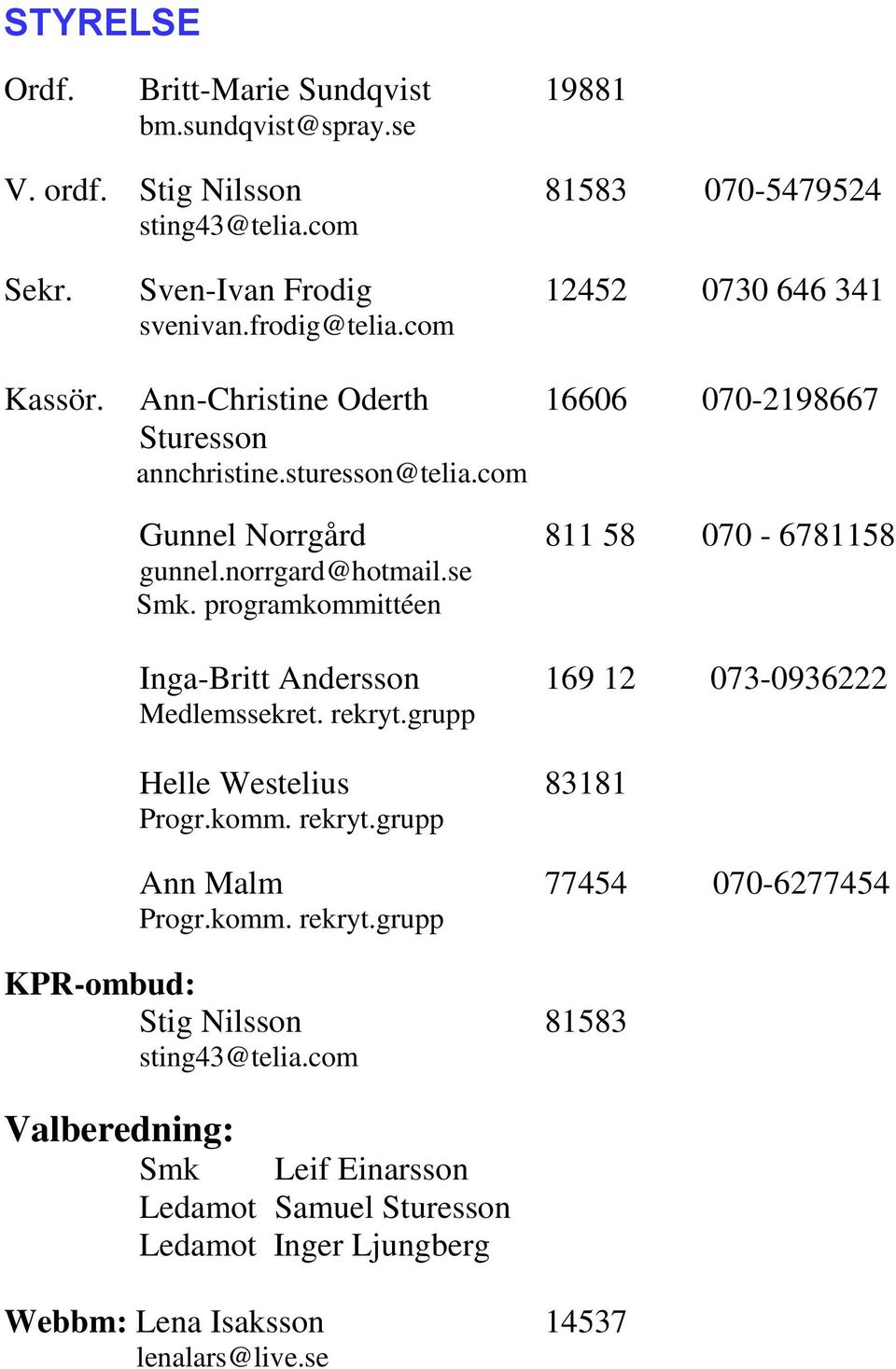 programkommittéen Inga-Britt Andersson 169 12 073-0936222 Medlemssekret. rekryt.grupp Helle Westelius 83181 Progr.komm. rekryt.grupp Ann Malm 77454 070-6277454 Progr.komm. rekryt.grupp KPR-ombud: Stig Nilsson 81583 sting43@telia.