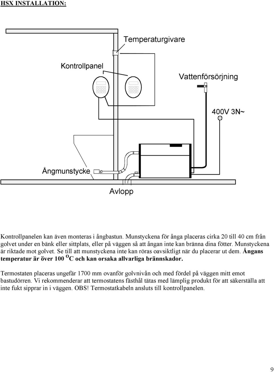 Se till att munstyckena inte kan röras oavsiktligt när du placerar ut dem. Ångans temperatur är över 100 O C och kan orsaka allvarliga brännskador.
