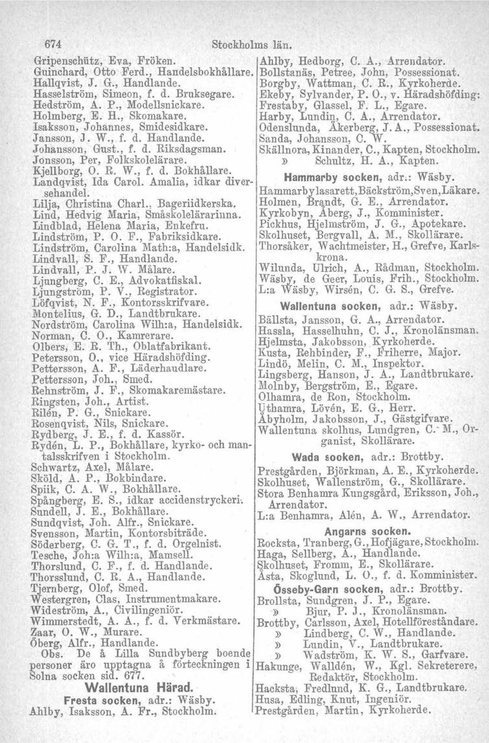 aka~e. Harby, Lundin, C. A., Arrendator. Isaksson, Johannes, Smidesidkare. Odenslunda, Åkerberg, J. A., Possessionat. Jansson, J. W., f. d. Handlande. Sanda, Johansson, C. W. Johansson, Gust., f. d. Riksdagsman.
