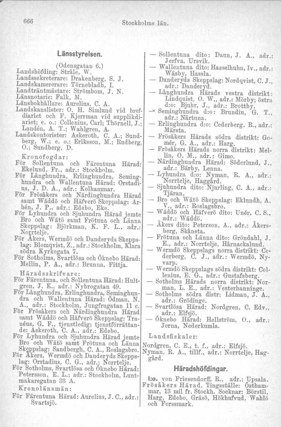 Landskontorister: Askeroth, C. A.; Sundberg, W.; e. o.: Eriksson, M.; Rudberg, O.; Sundberg, D. Kronofogdar: För Sollentuna och Färentuna Härad: Ekelund. FL, adr.: Stockholrn.