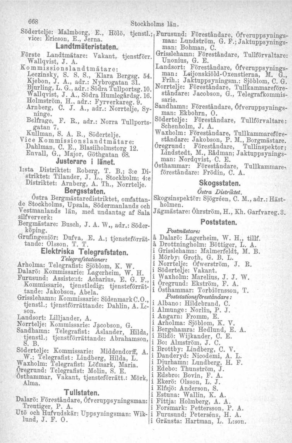 Kommissionslandtmätare: Landsort: Föreståndare, Öfveruppsynings- Leczinsky, S. S. S., Klara Bergsg. 54. ma:,n: Liijonskiöld-Oxellstierna, M. G., Kjeb~n, J. A., adr.: Nybrogatan 31. Frlh.