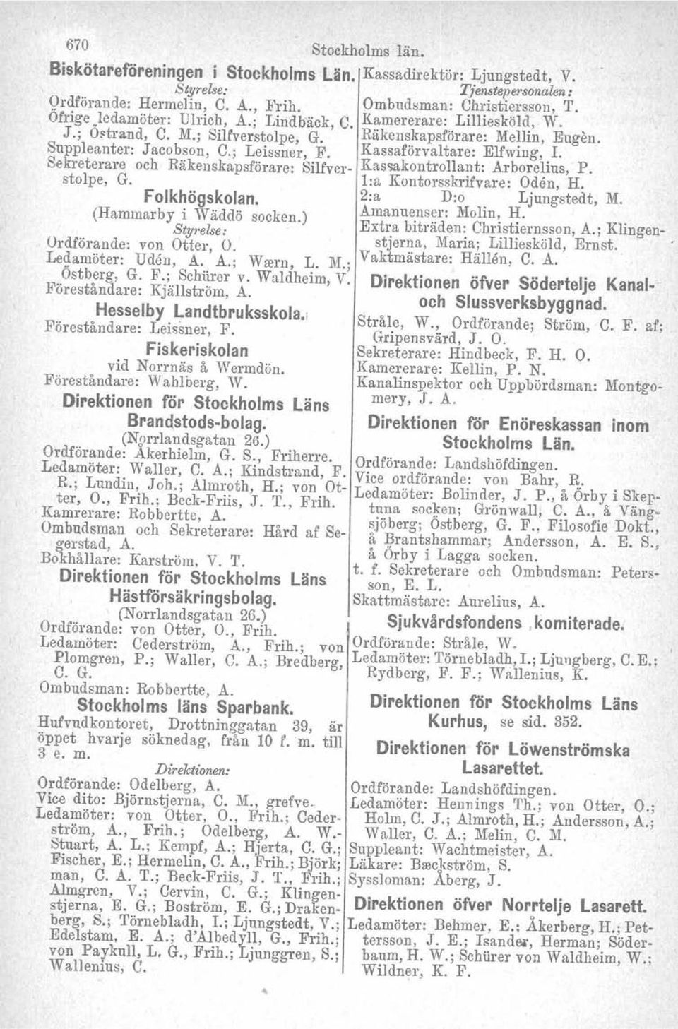 Kassaförvaltare: Elfwing, 1. Sekreterare och Räkenskapsförare: Silfver- Kassakontrollant. Arborelins, P. stolpe, G. l:a Kontorsskrifvare: Oden, H. Folkhögskolan. 2:a D:o Ljungstedt, M.