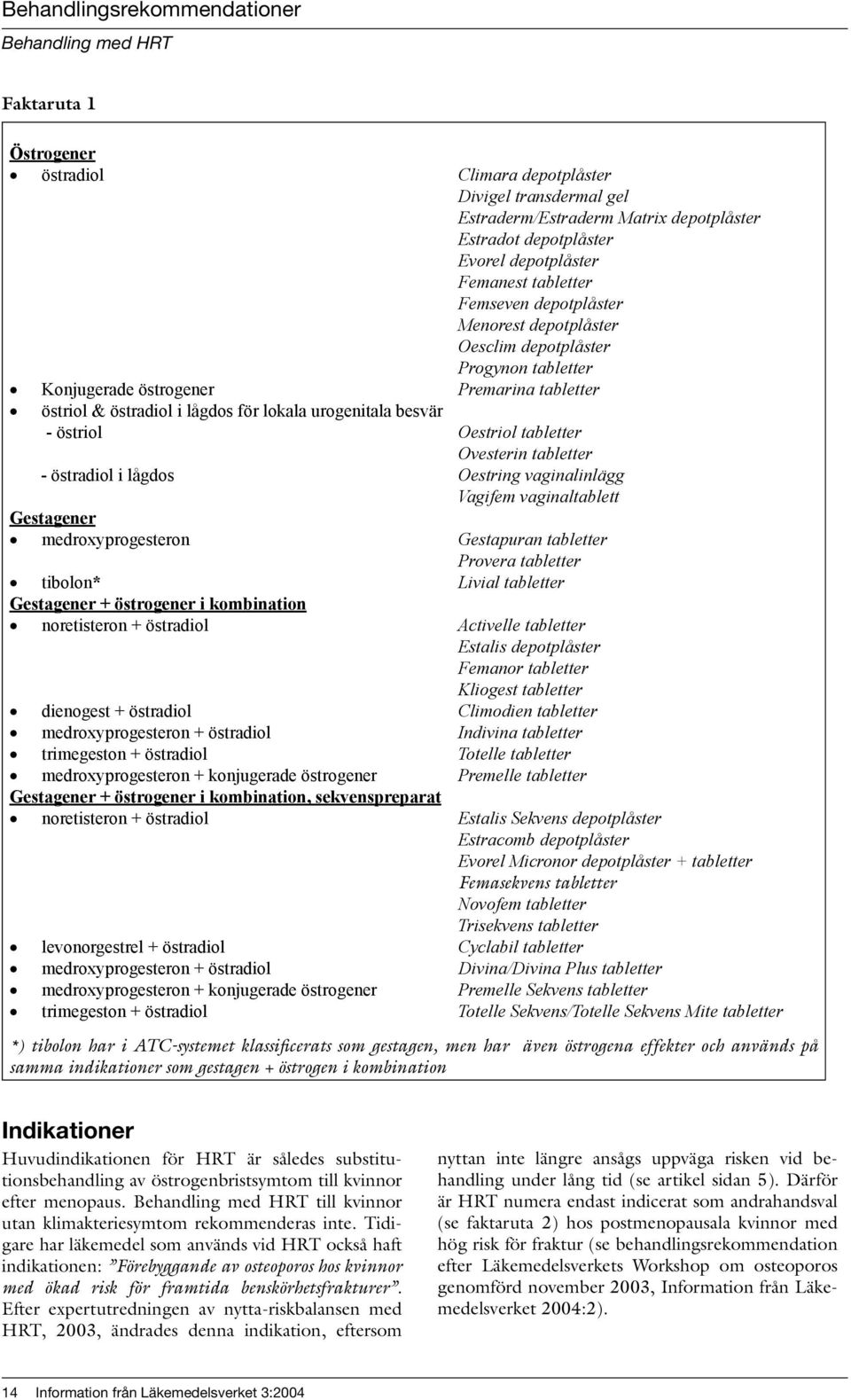 tabletter Ovesterin tabletter - östradiol i lågdos Oestring vaginalinlägg Vagifem vaginaltablett Gestagener medroxyprogesteron Gestapuran tabletter Provera tabletter tibolon* Livial tabletter