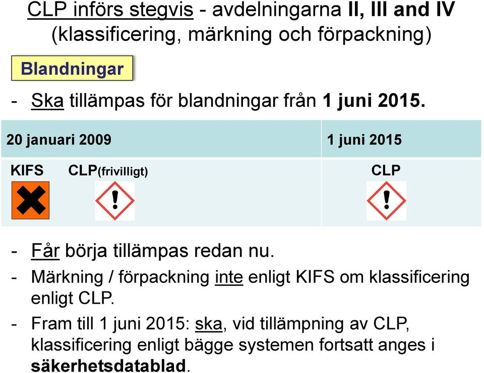 20 januari 2009 1 juni 2015 KIFS CLP(frivilligt) CLP - Får börja tillämpas redan nu.