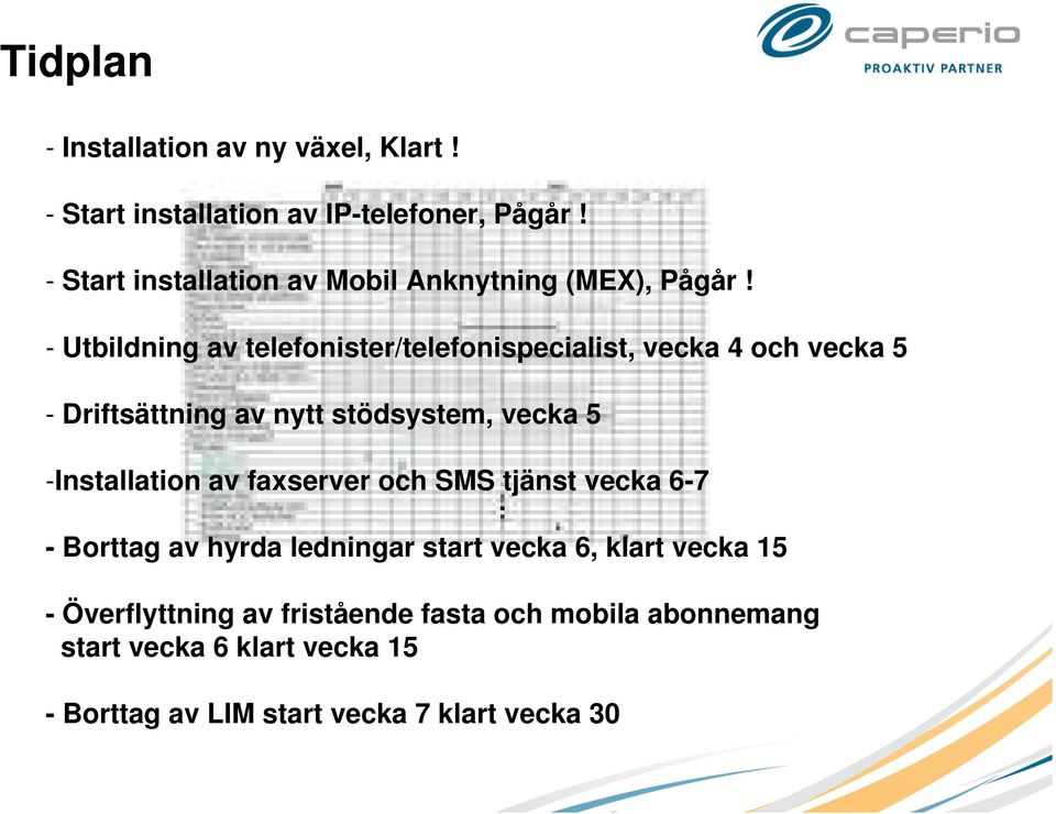 - Utbildning av telefonister/telefonispecialist, vecka 4 och vecka 5 - Driftsättning av nytt stödsystem, vecka 5