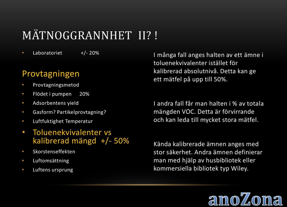 +/- 50% I många fall anges halten av ett ämne i toluenekvivalenter istället för kalibrerad absolutnivå.