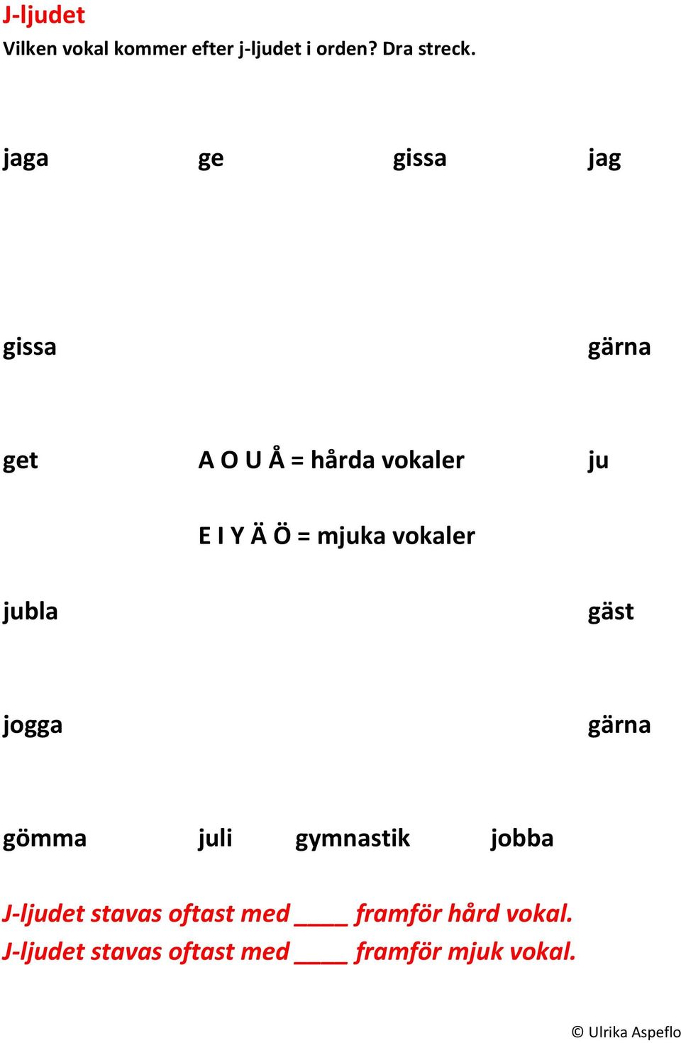 mjuka vokaler jubla gäst jogga gärna gömma juli gymnastik jobba J-ljudet