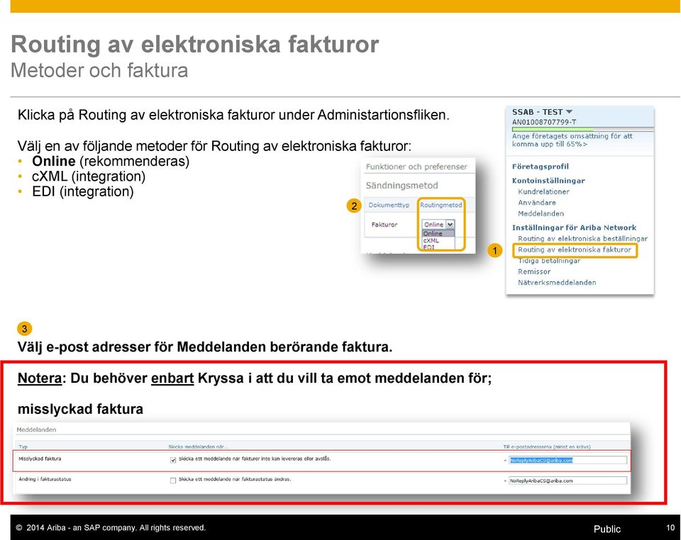 Välj en av följande metoder för Routing av elektroniska fakturor: Online (rekommenderas) cxml