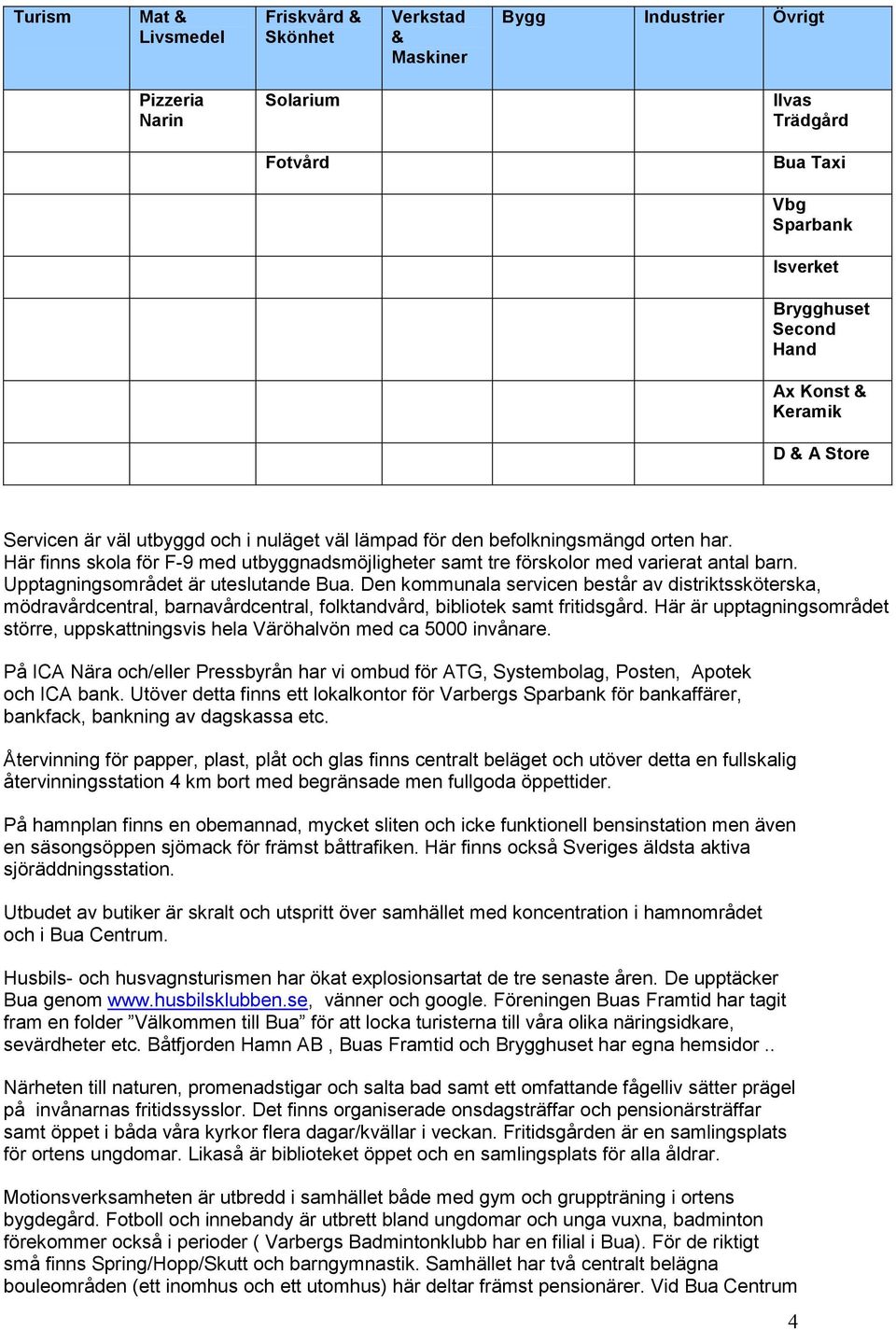 Upptagningsområdet är uteslutande Bua. Den kommunala servicen består av distriktssköterska, mödravårdcentral, barnavårdcentral, folktandvård, bibliotek samt fritidsgård.