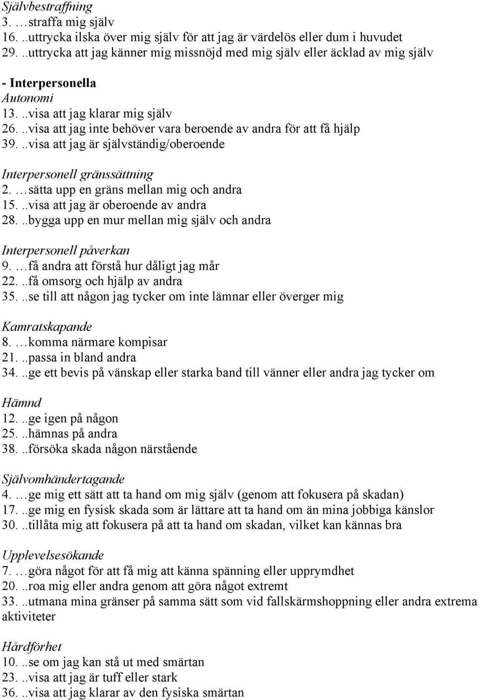 ..visa att jag inte behöver vara beroende av andra för att få hjälp 39...visa att jag är självständig/oberoende Interpersonell gränssättning 2. sätta upp en gräns mellan mig och andra 15.