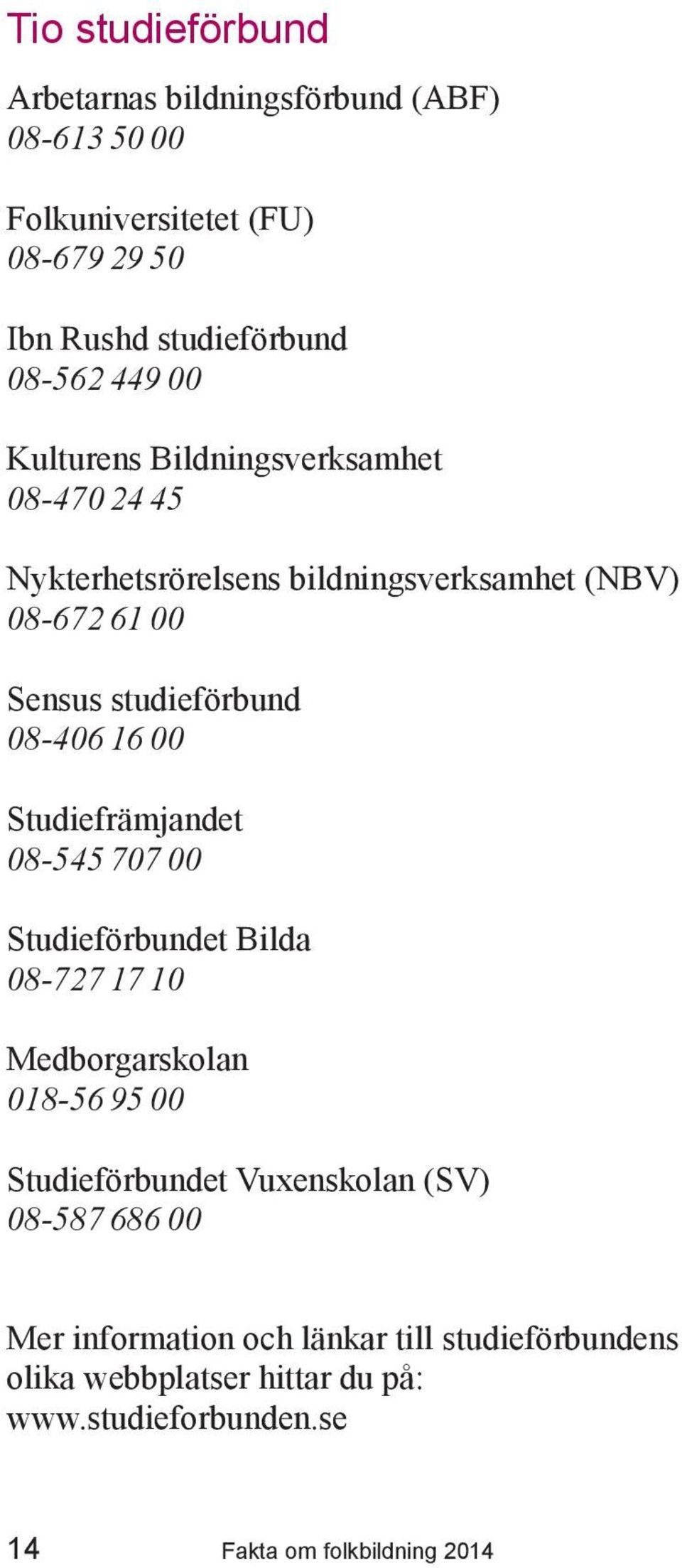 00 Studiefrämjandet 08-545 707 00 Studieförbundet Bilda 08-727 17 10 Medborgarskolan 018-56 95 00 Studieförbundet Vuxenskolan (SV) 08-587