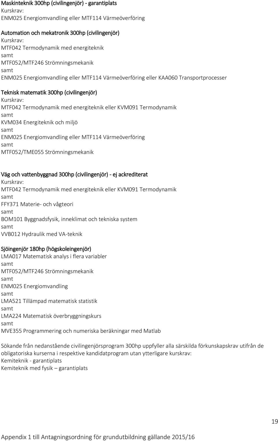 KVM091 Termodynamik KVM034 Energiteknik och miljö ENM025 Energiomvandling eller MTF114 Värmeöverföring MTF052/TME055 Strömningsmekanik Väg och vattenbyggnad 300hp (civilingenjör) - ej ackrediterat