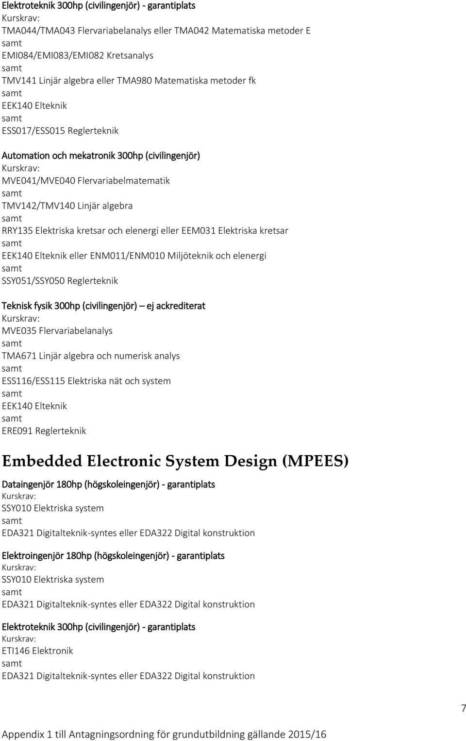 elenergi eller EEM031 Elektriska kretsar EEK140 Elteknik eller ENM011/ENM010 Miljöteknik och elenergi SSY051/SSY050 Reglerteknik Teknisk fysik 300hp (civilingenjör) ej ackrediterat MVE035