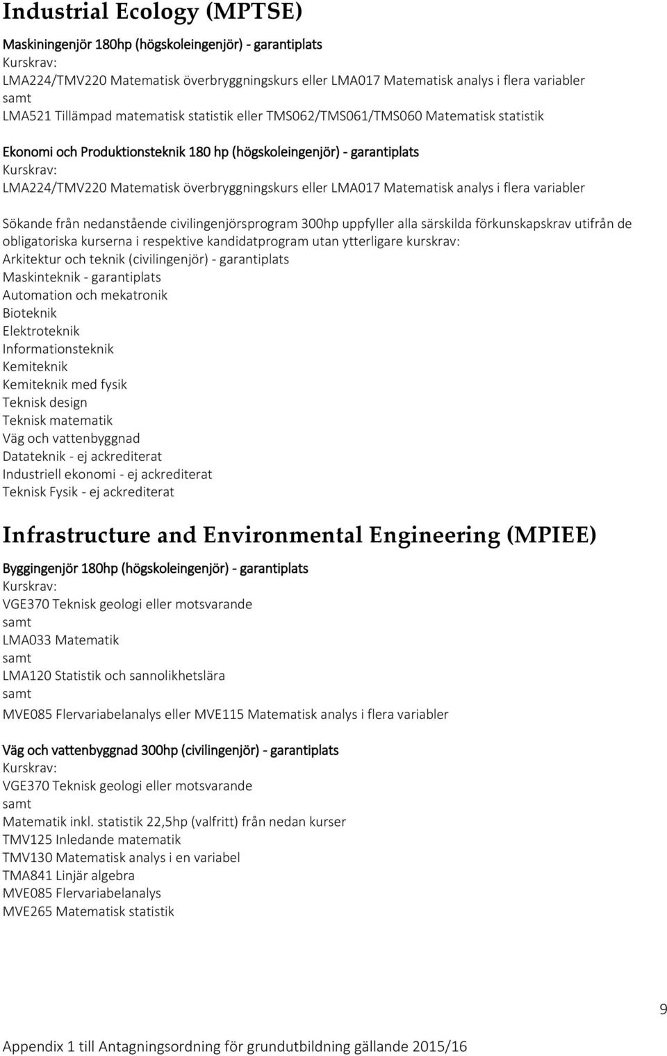 Matematisk analys i flera variabler Arkitektur och teknik (civilingenjör) - garantiplats Maskinteknik - garantiplats Automation och mekatronik Bioteknik Elektroteknik Informationsteknik Kemiteknik