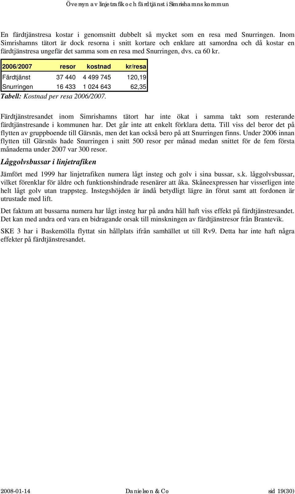 2006/2007 resor kostnad kr/resa Färdtjänst 37 440 4 499 745 120,19 Snurringen 16 433 1 024 643 62,35 Tabell: Kostnad per resa 2006/2007.