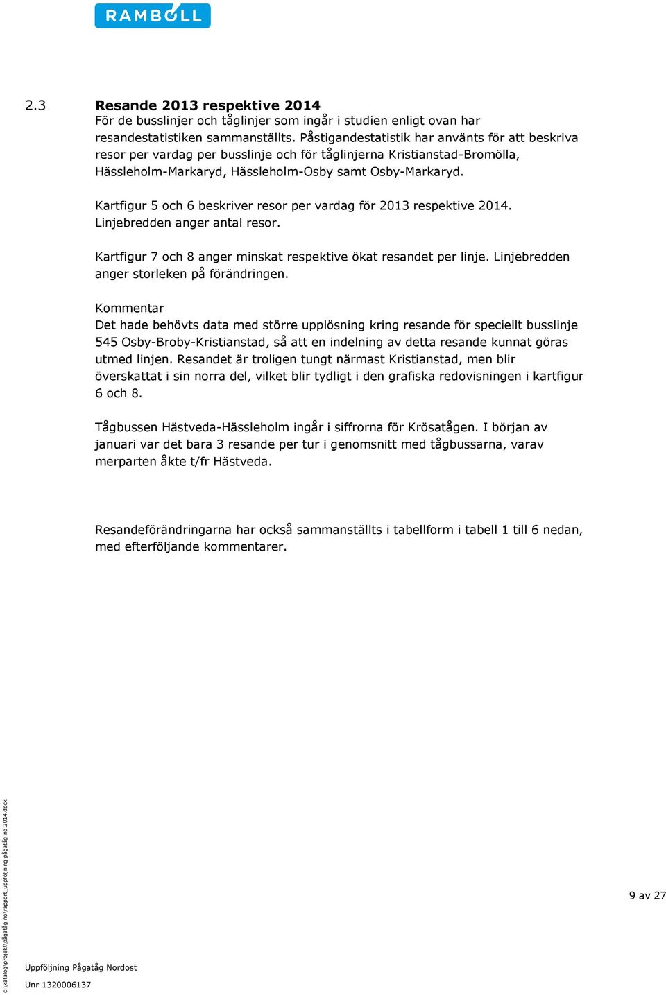 Kartfigur 5 och 6 beskriver resor per vardag för 2013 respektive 2014. Linjebredden anger antal resor. Kartfigur 7 och 8 anger minskat respektive ökat resandet per linje.