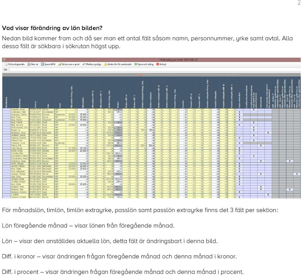 För månadslön, timlön, timlön extrayrke, passlön samt passlön extrayrke finns det 3 fält per sektion: Lön föregående månad visar lönen från