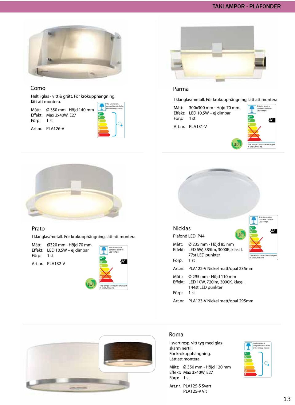 energy classes: rt.nr. PL132-V L + + The luminaire lamps cannot is be be changed in sold the with luminaire. changed a in bulb the luminaire.