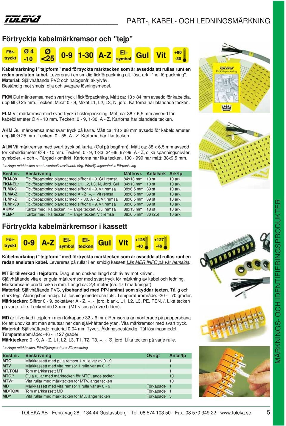 FKM Gul märkremsa med svart tryck i fickförpackning. Mått ca: 13 x 84 mm avsedd för kabeldia. upp till Ø 25 mm. Tecken: Mixat 0-9, Mixat L1, L2, L3, N, jord. Kartorna har blandade tecken.