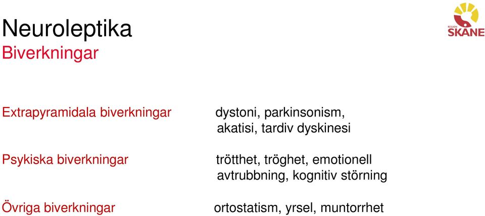 parkinsonism, akatisi, tardiv dyskinesi trötthet, tröghet,