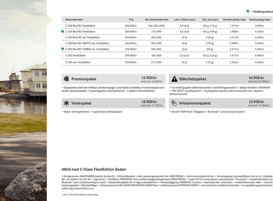 000 kr 204/500 (4,3) (109 g) 2.417 kr 4.520 kr C 250 BlueTEC 4MATIC aut. FleetEdition 364.000 kr 204/500 (4,8) (129 g) 2.588 kr 4.665 kr C 300 BlueTEC HYBRID aut. FleetEdition 379.