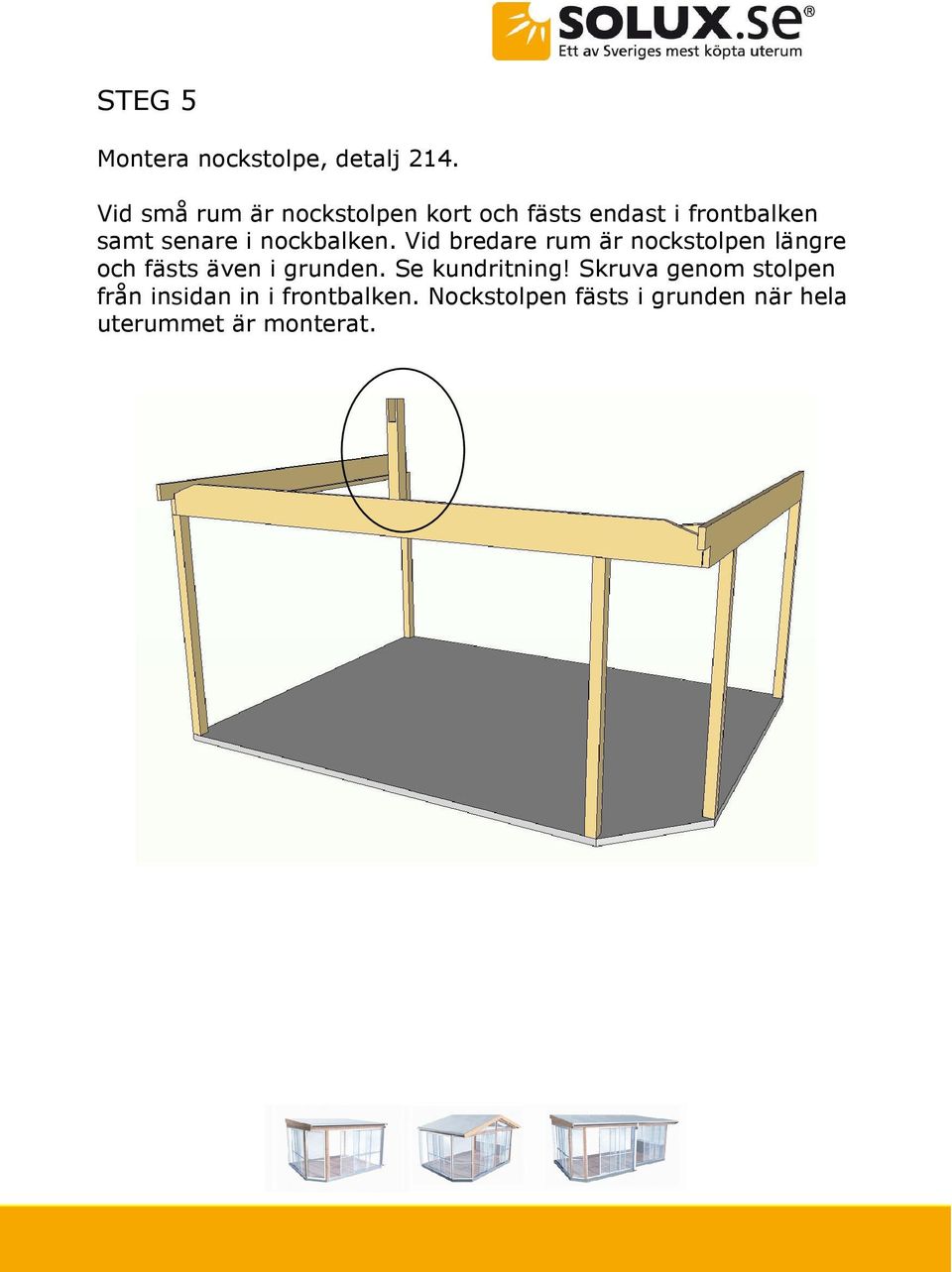 nockbalken. Vid bredare rum är nockstolpen längre och fästs även i grunden.