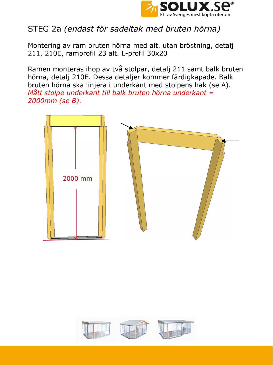 L-profil 30x20 Ramen monteras ihop av två stolpar, detalj 211 samt balk bruten hörna, detalj 210E.