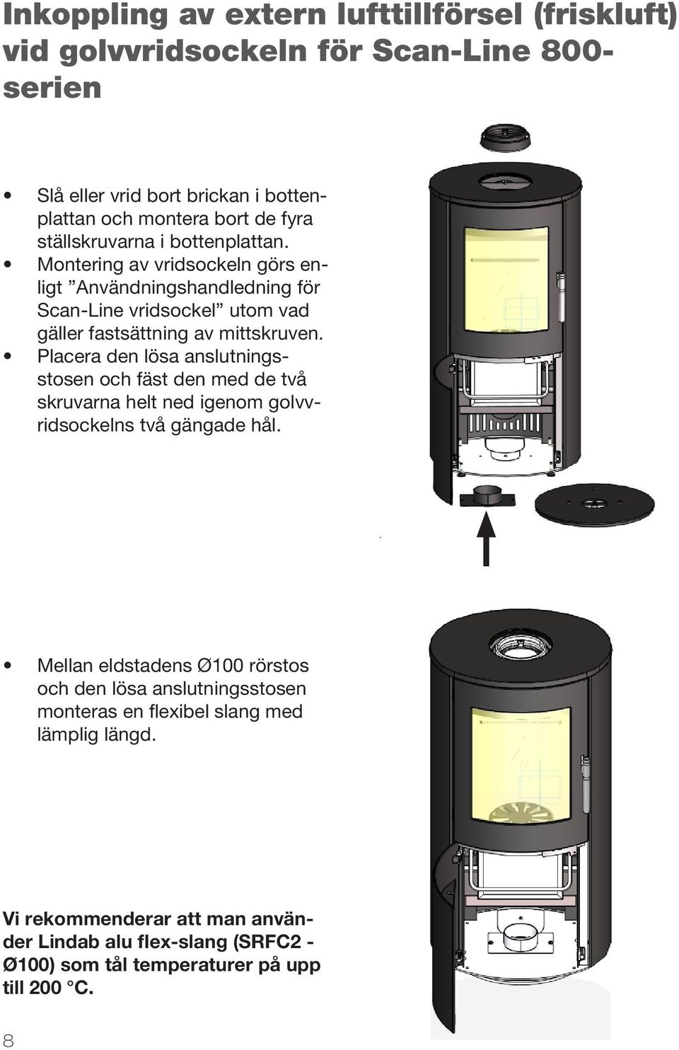 Placera den lösa anslutningsstosen och fäst den med de två skruvarna helt ned igenom golvvridsockelns två gängade hål.